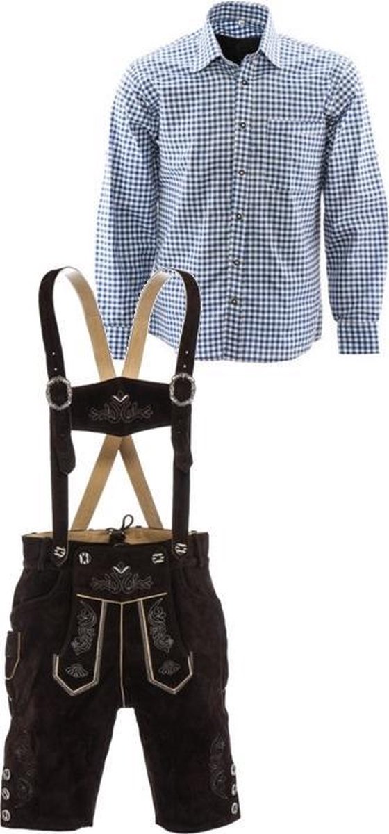 Lederhosen set | Top Kwaliteit | Lederhosen set H (Peter broek + blauw overhemd), 48, S